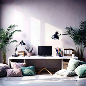 Lifestyle Infographic Style: Home Office With Comfortable Textiles With Room Desk
