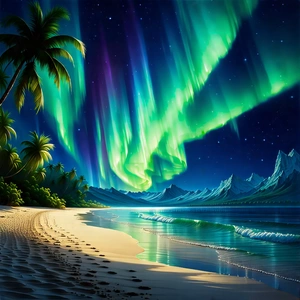 Nature Etching: Northern Lights Over Tropical Beach With Beautiful Beach
