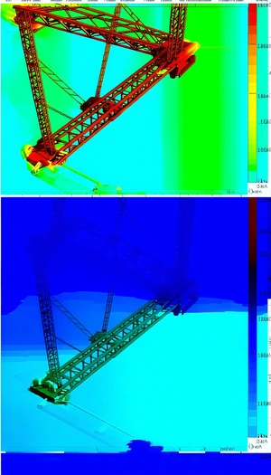 A Large Crane Is Shown In Two Different Colors, One In Blue And The Other In Red