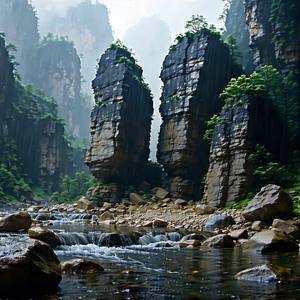 Nature Commercial Photography: Rock Formation In Rainy Season With Beautiful Waterfall