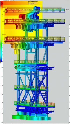 The Image Is A 3d Model Of A Large Blue And Yellow Structure, Possibly A Tower Or A Bridge