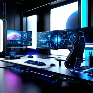 Futuristic Digital Workspace With Image, There