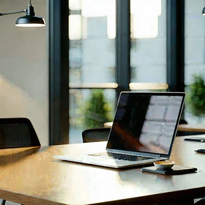 Business Professional Photography: Workplace with laptop and coffee on desk