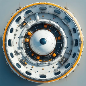 A Large, Round, White And Orange Spacecraft Is Shown In A 3d View