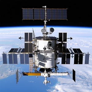 A Space Shuttle With A Large Satellite Dish On Top Of It
