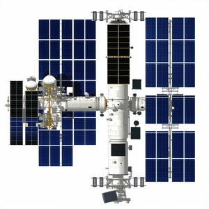 A Large Spacecraft Is Shown In A White And Blue Color Scheme