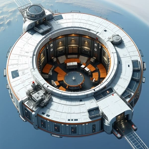 A Large White Space Station Is Shown In A 3d View