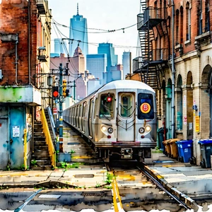 Urban Watercolor Painting: (city:1.49) Subway In Quiet Side Street With Silver Train