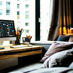 Lifestyle Long Exposure Photography: Home Office With Comfortable Textiles With Computer Desk