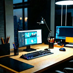 Business Long Exposure Photography: Workplace With Productivity Tools On Desk With Wooden Desk