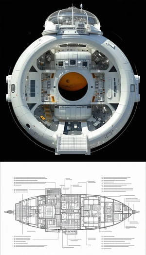 A White Space Station Is Shown In A Drawing, With A Large Dome In The Center