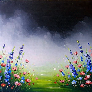 Nature Acrylic Painting: Wildflowers in misty environment
