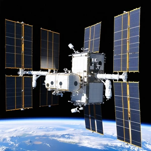 A Large Spacecraft With A White And Yellow Color Scheme, Floating In The Blackness Of Space