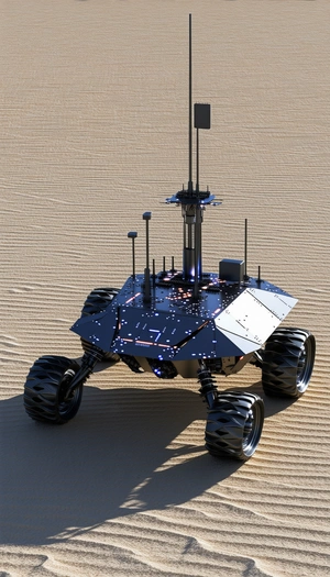 A Futuristic Robotic Vehicle With A Large Dome On Top, Sitting On A Sandy Surface