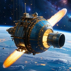 A Large Spacecraft With A Blue And Gold Color Scheme, Flying Through The Sky