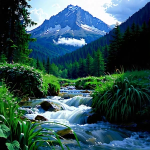 Nature Long Exposure Photography: (mountain:1.47) Stream Surrounded By Lush Vegetation With Beautiful Mountain