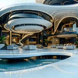 Tech Architectural Photography: (futuristic:1.11) Smart Home With Large, Modern