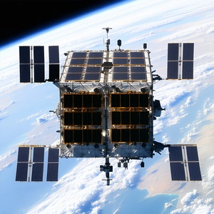 A Spacecraft Is Shown In A Close-up View, With Its Solar Panels And Other Components Clearly Visible