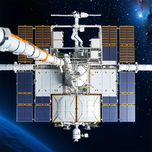 A Large Space Station With A White And Blue Color Scheme
