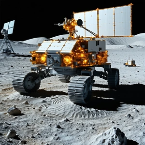 A Large Robotic Vehicle Is Parked On The Surface Of The Moon