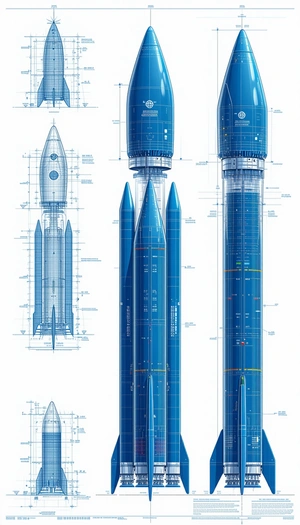 A Blue Rocket Ship Is Shown In A Drawing, With A Smaller Rocket Ship Next To It