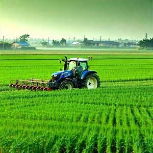 Tech Commercial Photography: Agricultural Technology In Field Deployment With Blue Tractor