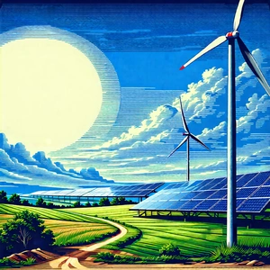 Tech Woodcut Print: Innovative Renewable Energy (design:1.28) With Large Windmill