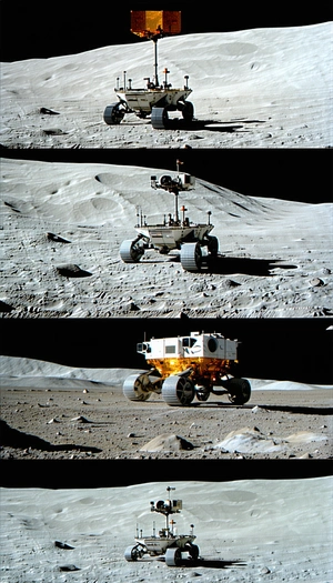 The Image Is A Collage Of Three Different Pictures Of A Rover On The Moon