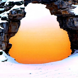 Nature Editorial Photography: Natural Arch In Winter (snow:1.2) With Beautiful Sunset