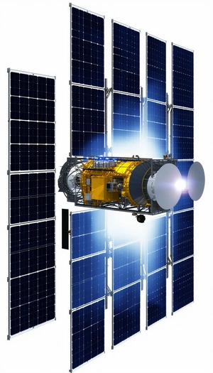 A Spacecraft Is Shown In A Close-up View, With Its Solar Panels Prominently Displayed