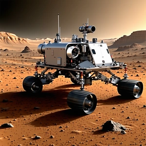 A Large, Silver Robotic Vehicle With Four Wheels, Parked On A Rocky Surface