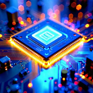 Tech Long Exposure Photography: Microchip With Holographic Projection With Close-up Computer