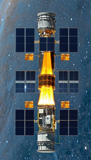 A Spacecraft With A Long, Curved Tail, Flying Through The Night Sky