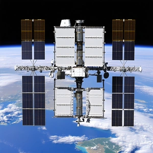 A Large Space Station With A White And Black Color Scheme