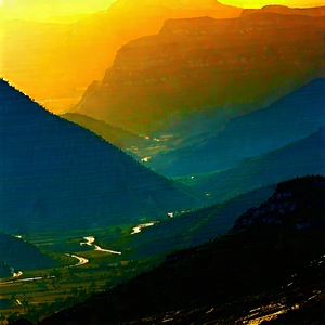 Nature Etching: Mountain Range During Golden Hour With Beautiful Mountain