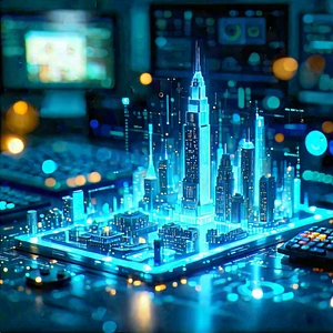 Financial Technology In Tech Office With Futuristic Cityscape