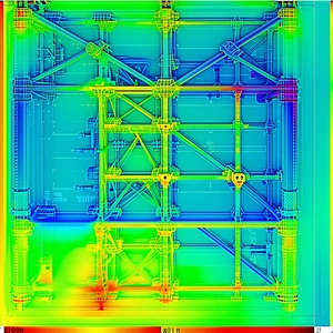 The Image Is A 3d Model Of A Building, Likely A Bridge, With A Blue And Yellow Color Scheme