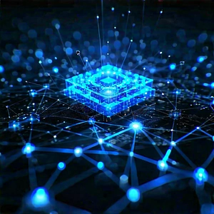Blockchain Network Visualization With Blue, Three-dimensional