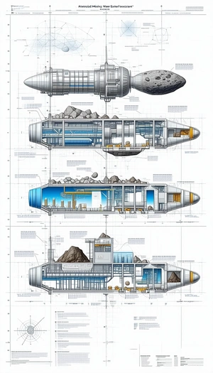 A Series Of Drawings Show A Space Ship With Various Rooms And Features