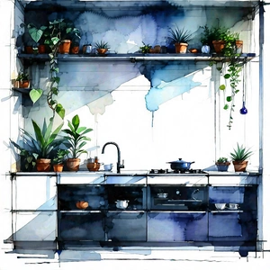 Lifestyle Ink Drawing: Modern Kitchen With Plants And Natural Elements With Painting Kitchen