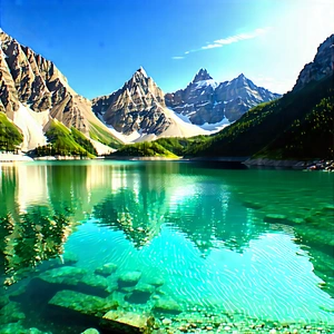 Nature Product Photography: Crystal Clear Lake Surrounded By Mountain Peaks With Serene Lake
