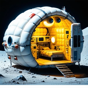 A Futuristic Spacecraft Is Shown In A Dark Room, With A Bed Inside