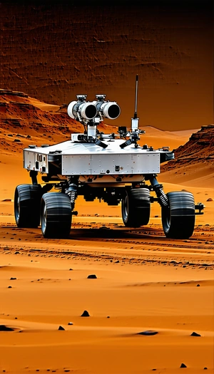 A Large Robotic Vehicle, Possibly A Tank, Driving Across A Desert-like Terrain