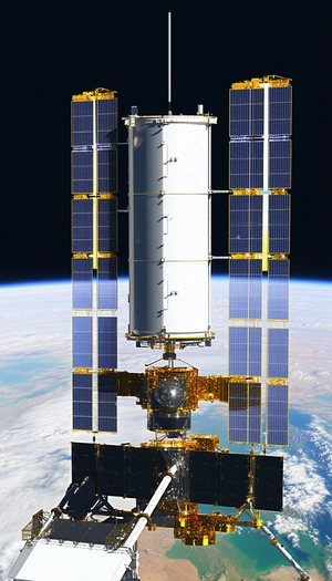 A Large Spacecraft With A White And Gold Color Scheme, Floating In The Sky