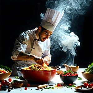 Lifestyle Lithograph: Professional Enjoying Cooking With Chef Standing