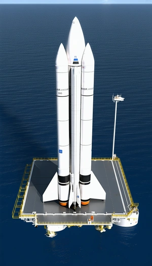 A Large White Rocket Ship Is Docked On A Platform In The Ocean