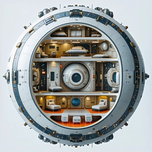 The Image Is A 3d Model Of A Space Station, Showcasing A Variety Of Rooms And Features