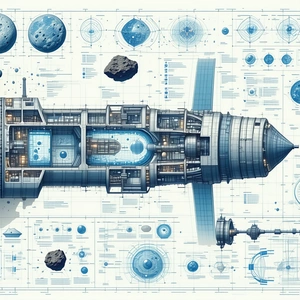 A Blue And White Space Ship Is Shown In A Detailed Drawing