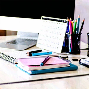 Business Tilt-Shift Photography: Workplace with notebooks and pens on desk
