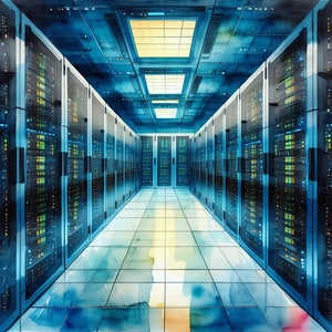 Tech Watercolor Painting: (futuristic:1.1) Server Room With Painting Computer